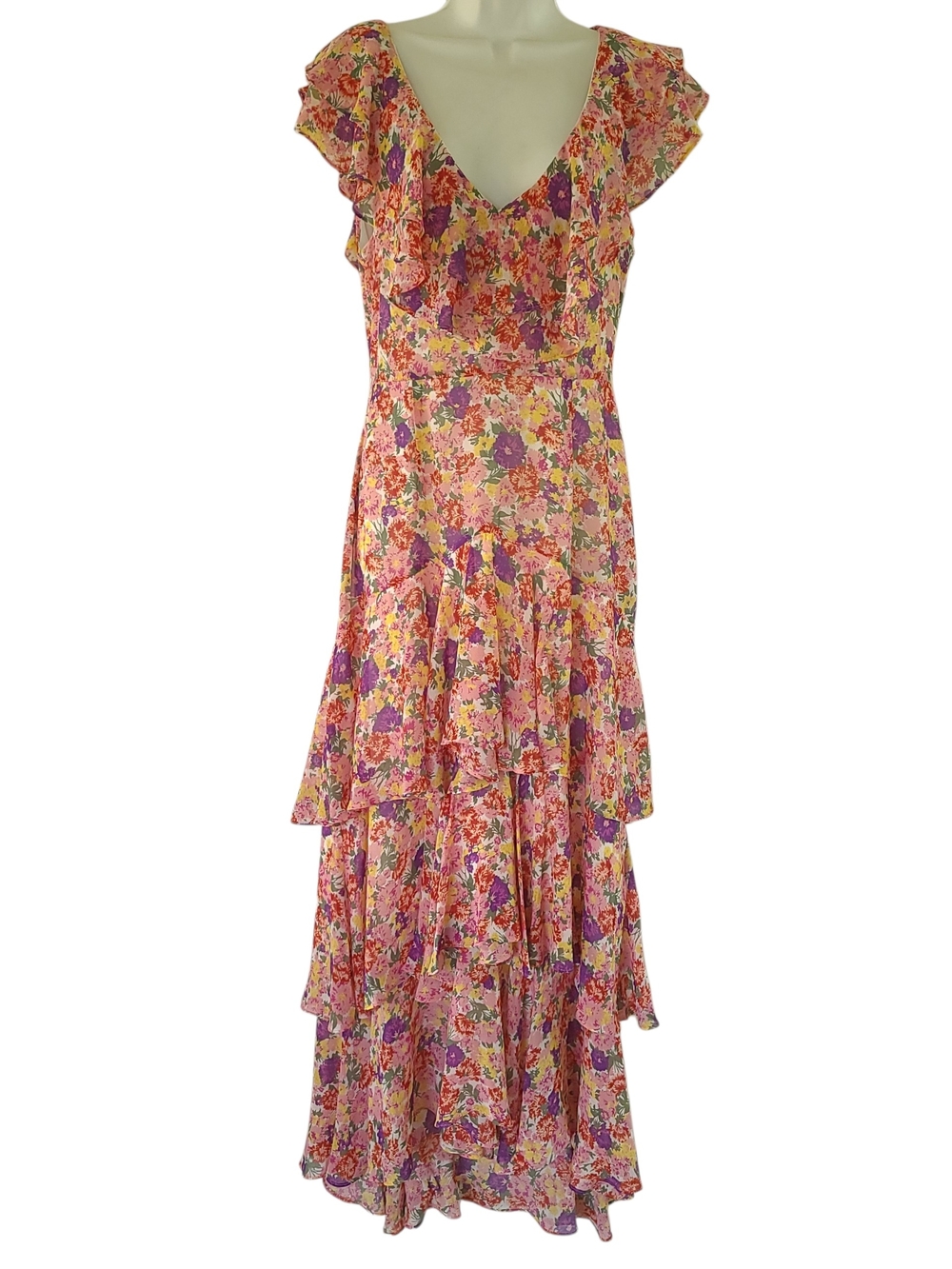 Wayf Pink Multi Floral Ruffle Tiered Maxi Dress Size M EXCELLENT
